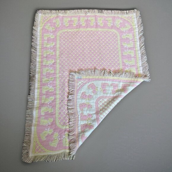 VTG Lord & Taylor Teddy Bear Woven Tapestry Baby Blanket Fringe Pastel Pink